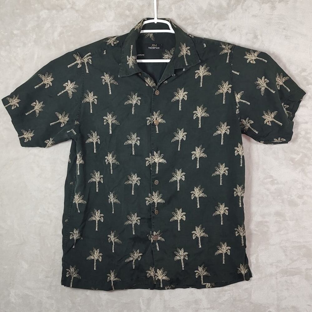 VTG Jim Thompson Men Large 100% Thai Silk Palm Tree Camp Shirt Hawaiian Tropical